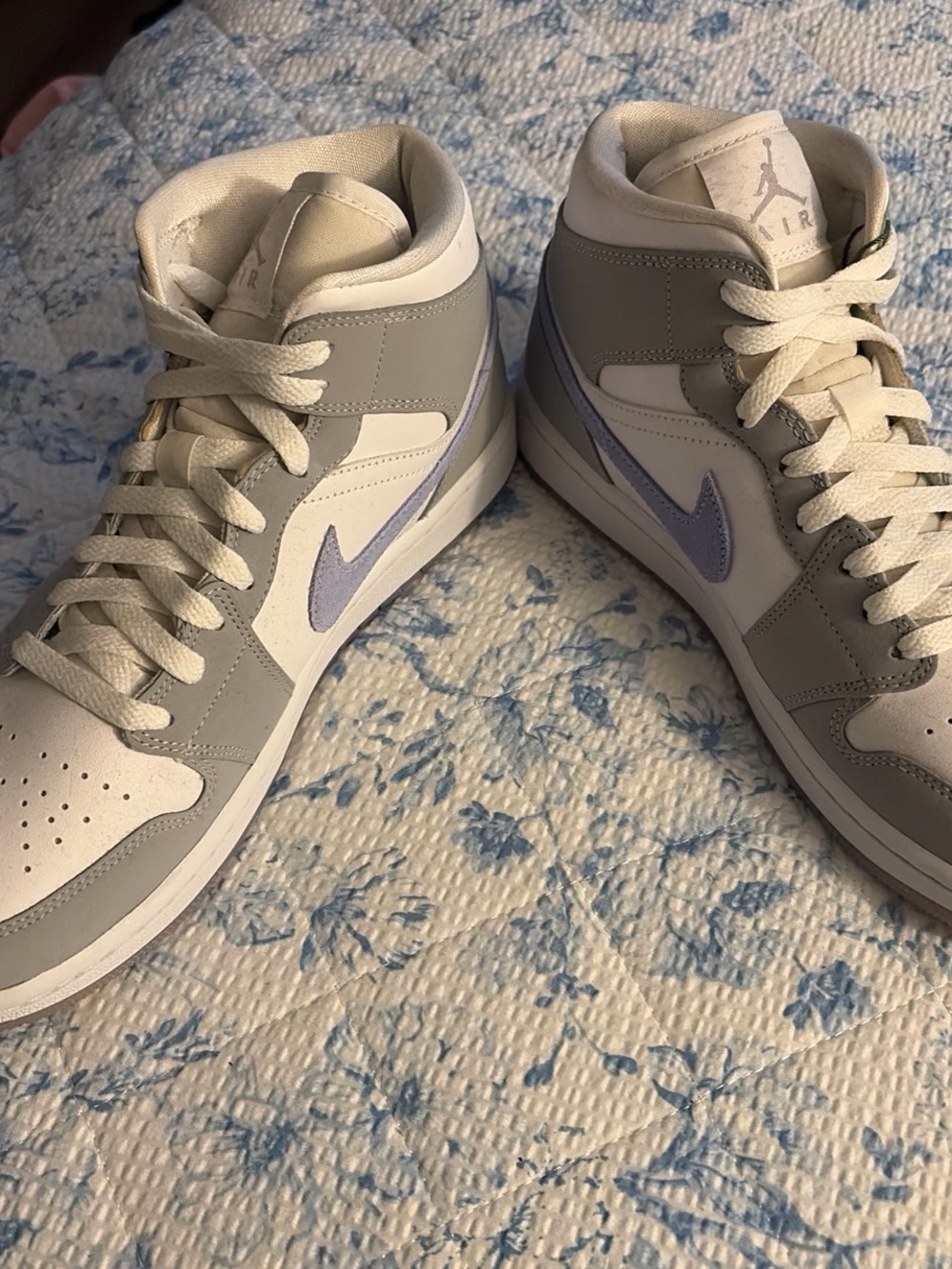 Jordan Mid Top Sneakers in White, Light Gray & Lavender Swoosh